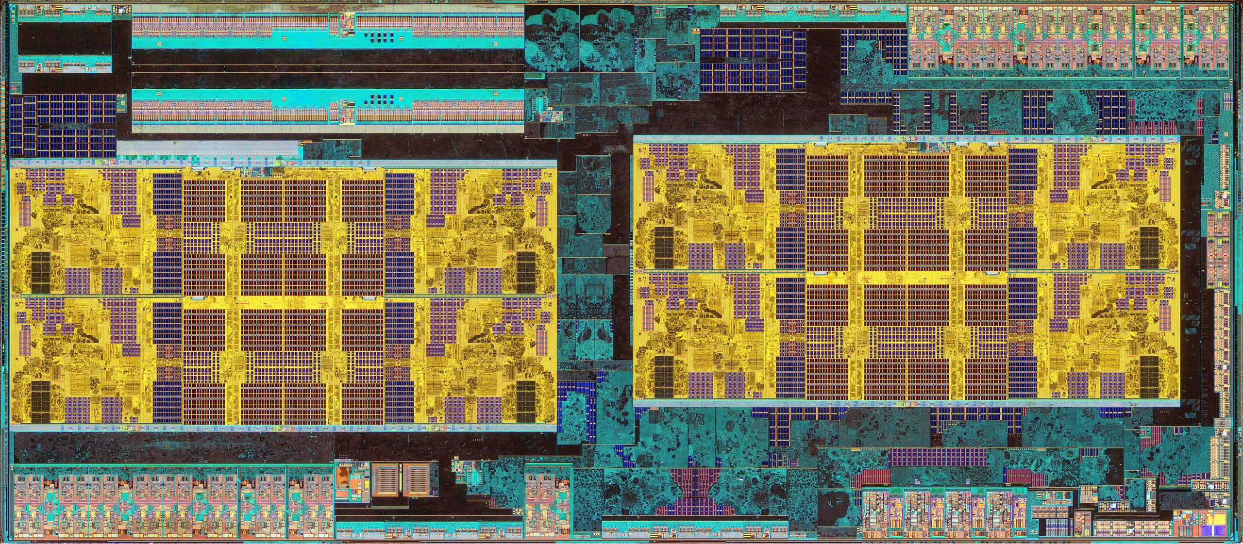 Microscope photograph of the intricate circuitry inside an AMD Ryzen processor die.