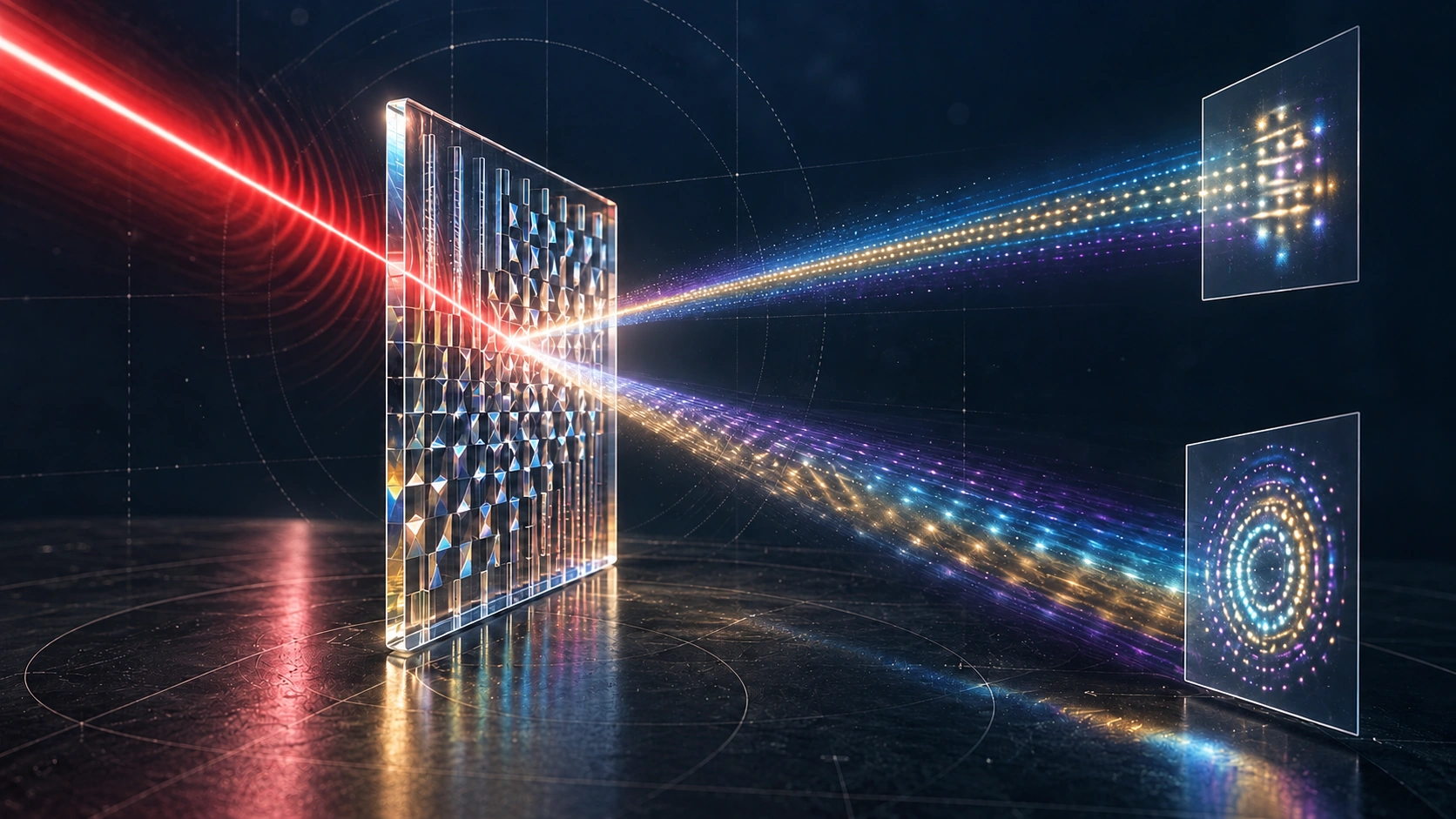 Colored light passes through a patterned optical surface toward two readout planes in a conceptual illustration.